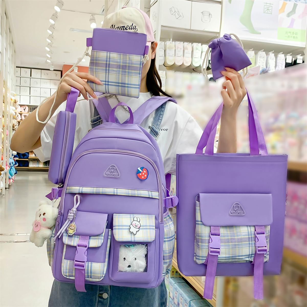 LsdgFriday Kawaii Backpack Set 5Pcs Canvas Plaid School Bag with Cute Pendants Pins Accessories for Teen Girls Aesthetic Backpack Shoulder Tote Bags Daypack for Back To School