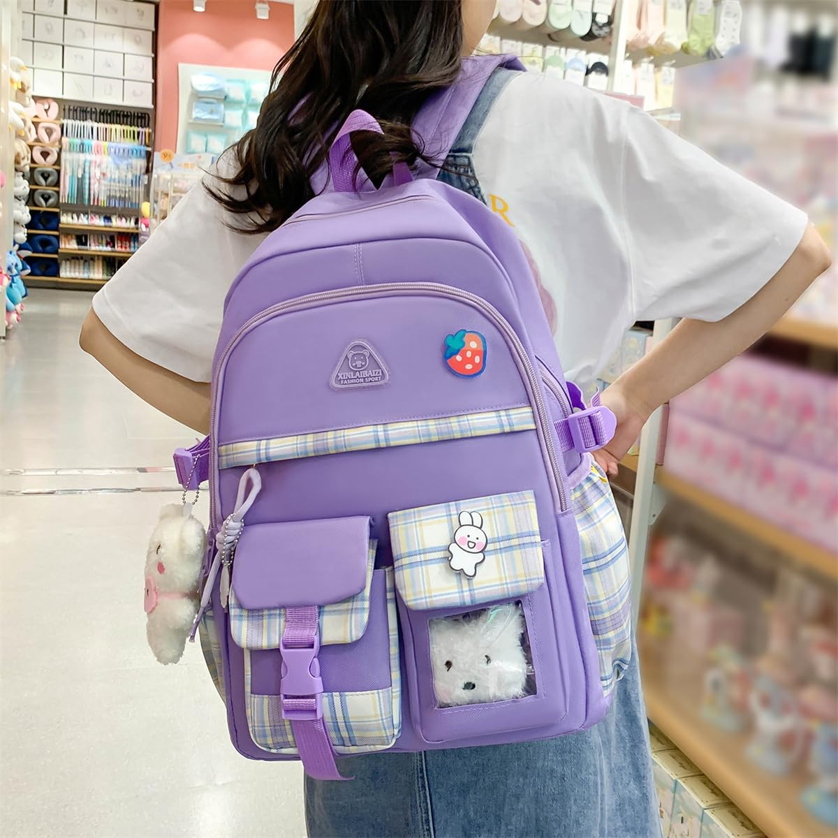 LsdgFriday Kawaii Backpack Set 5Pcs Canvas Plaid School Bag with Cute Pendants Pins Accessories for Teen Girls Aesthetic Backpack Shoulder Tote Bags Daypack for Back To School