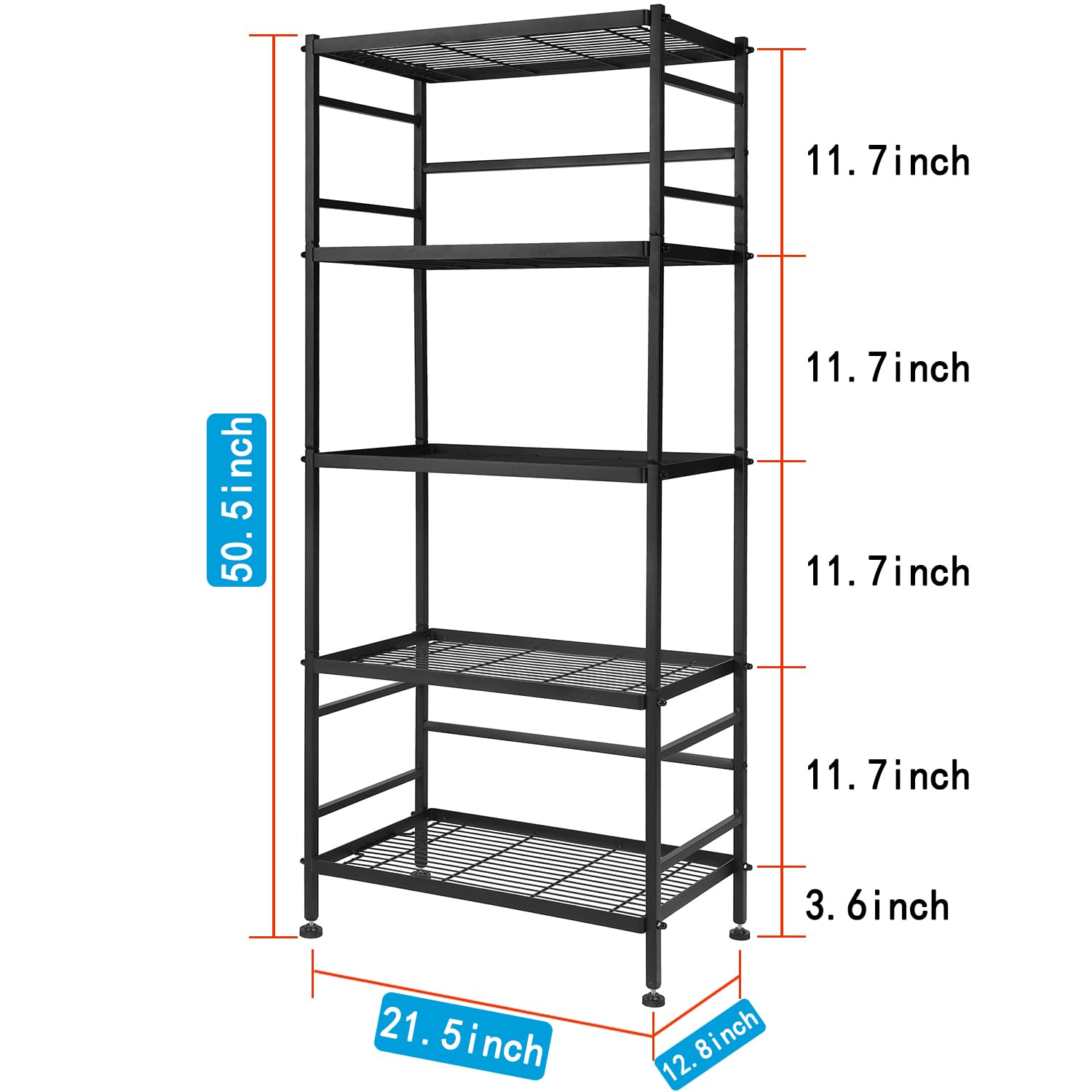 5-Wire Shelving Metal Storage Rack Shelves, Standing Storage Shelf Units for Laundry Bathroom Kitchen Pantry Closet(Black, 21.5L x 12.8W x 50.5H)