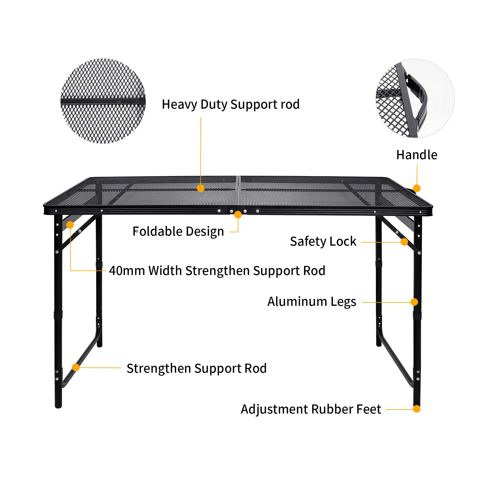 Moosinily Camping Table 4FT Grill Table Foldable Folding Table Picnic Portable Stand Mesh 3 Height Adjustable Outdoor Card BBQ RV Black 47.2×23.6 inch