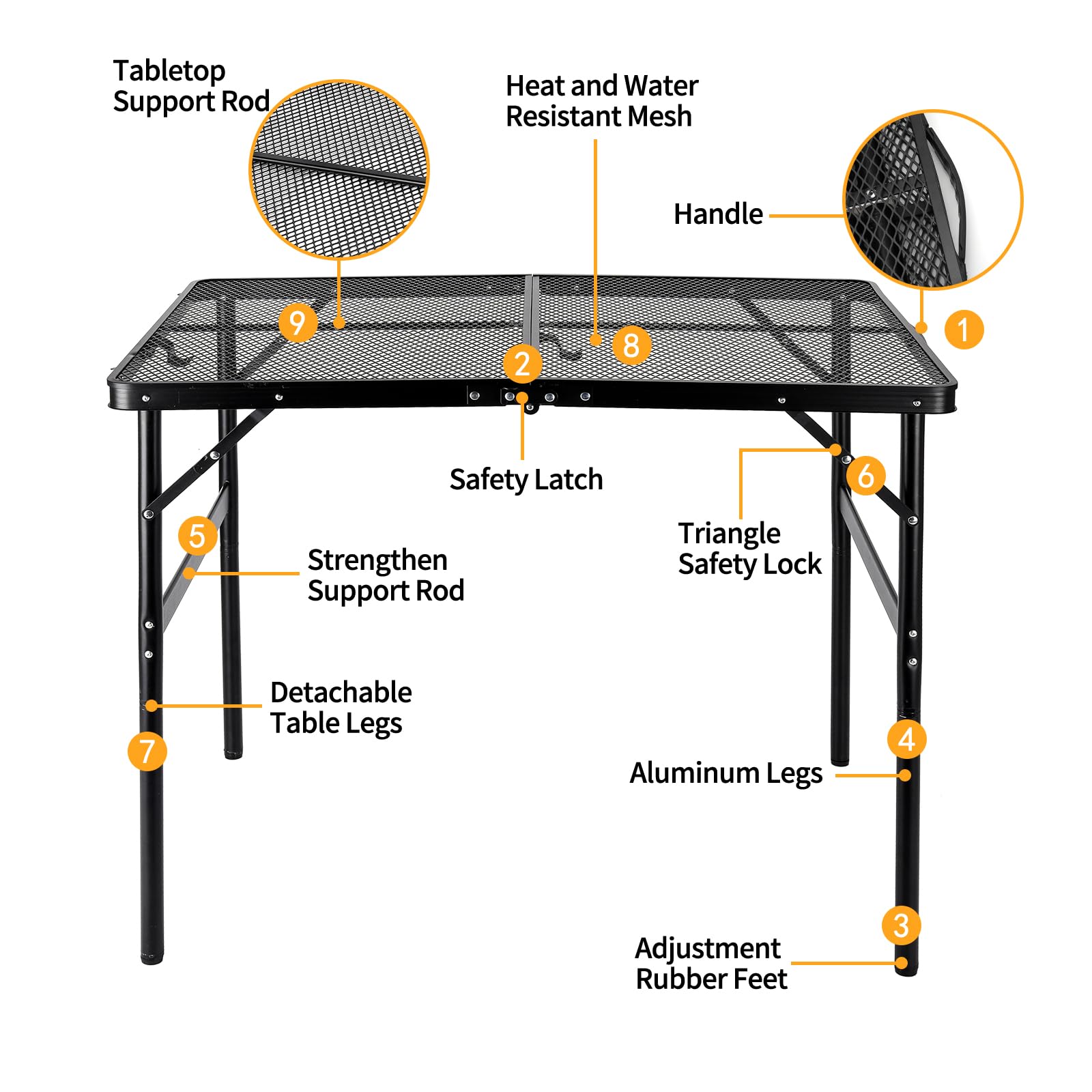 Moosinily Camping Table 3FT Grill Table Foldable Folding Table Picnic Portable Stand Mesh 2 Height Adjustable Outdoor Card BBQ RV Black 35.5×23.6 ×26 inch