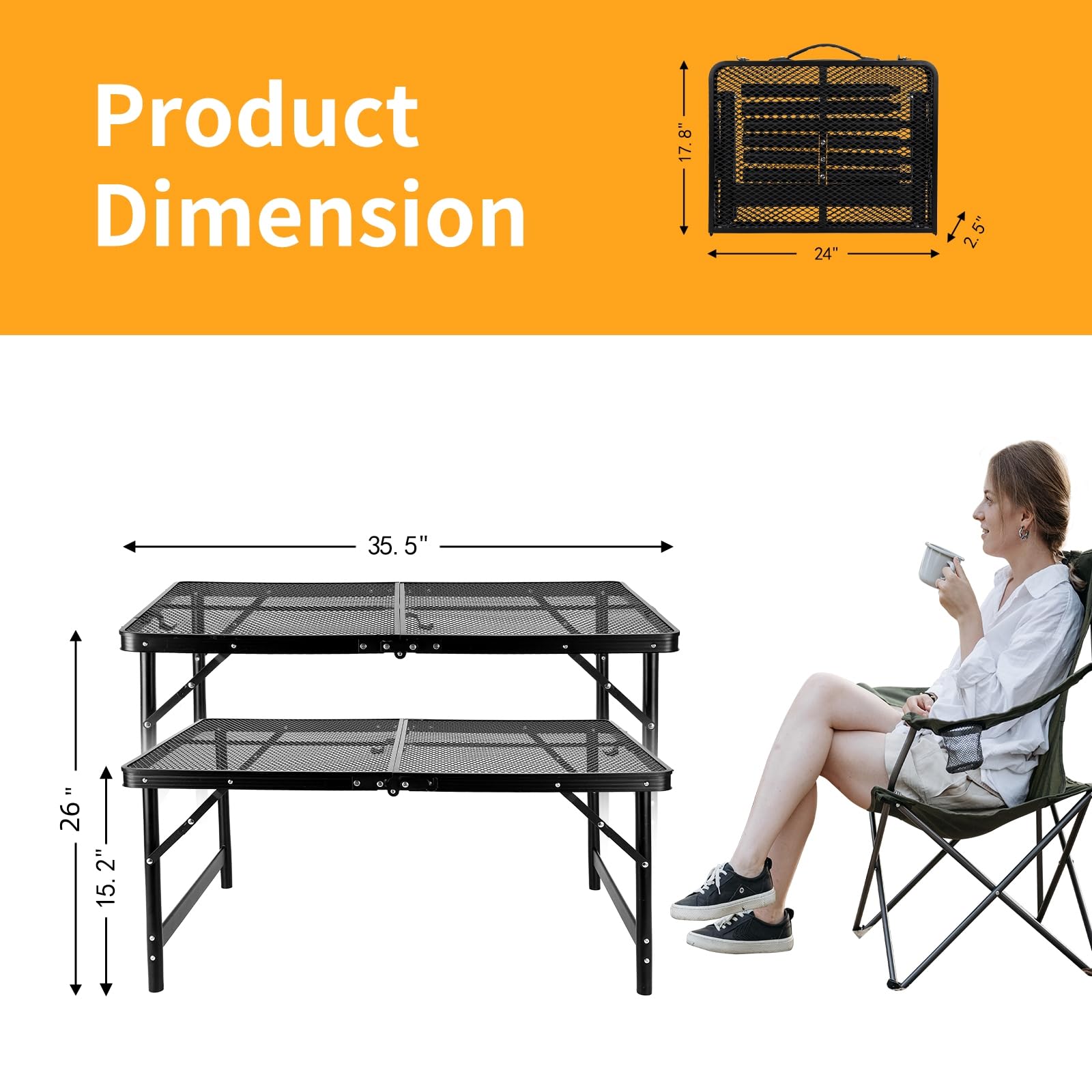 Moosinily Camping Table 3FT Grill Table Foldable Folding Table Picnic Portable Stand Mesh 2 Height Adjustable Outdoor Card BBQ RV Black 35.5×23.6 ×26 inch