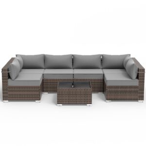 VONZOY Patio Furniture Set 7 Pieces Outdoor Sectional Rattan Sofa Set, PE Rattan Wicker Patio Conversation Set with 6 Seat Cushions and 1 Tempered Glass Table and Furniture Cover, Dark Grey