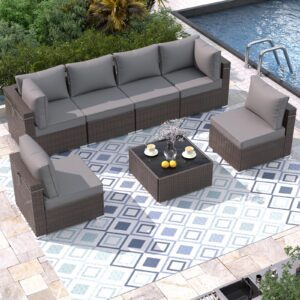 vonzoy patio furniture set 7 pieces outdoor sectional rattan sofa set, pe rattan wicker patio conversation set with 6 seat cushions and 1 tempered glass table and furniture cover, dark grey