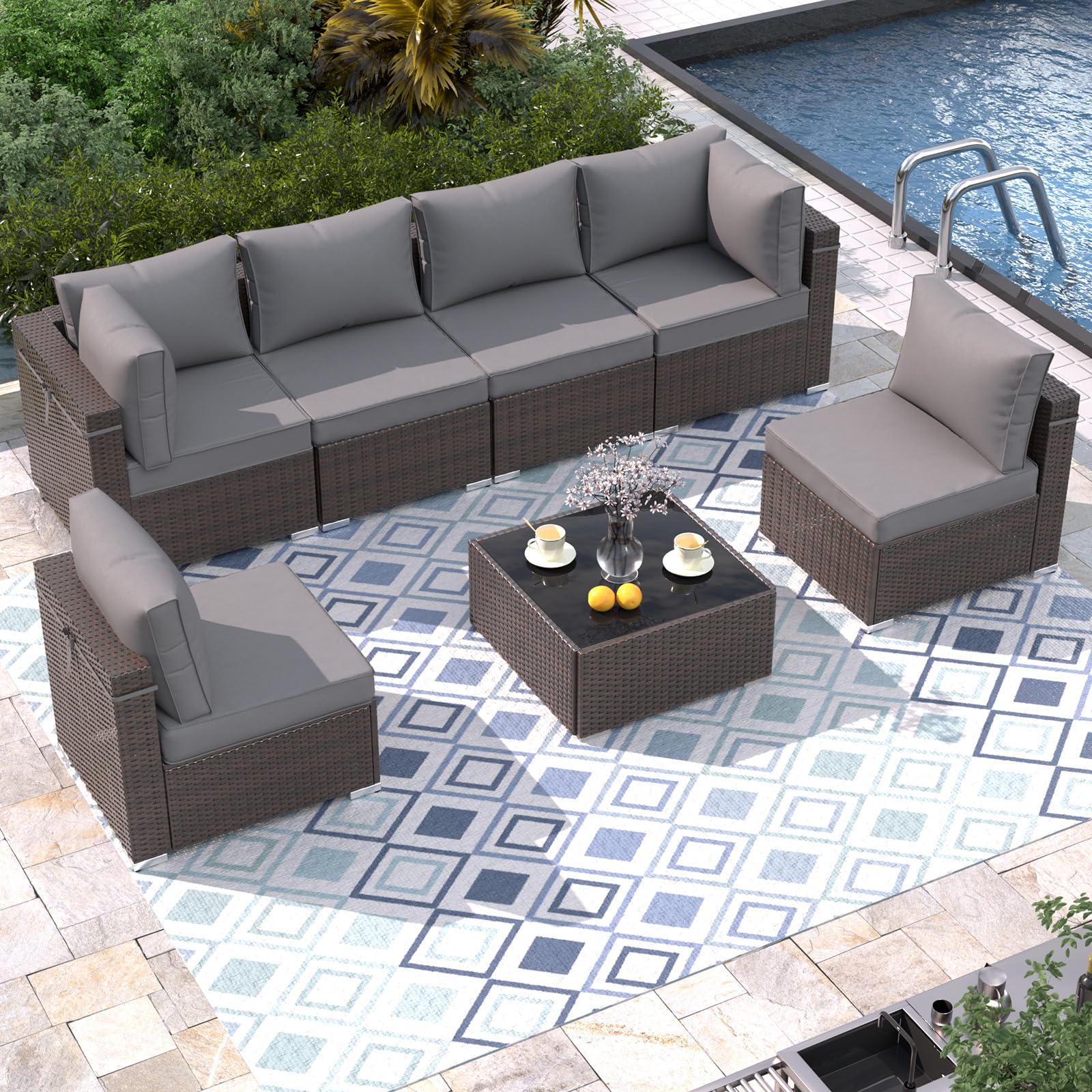 VONZOY Patio Furniture Set 7 Pieces Outdoor Sectional Rattan Sofa Set, PE Rattan Wicker Patio Conversation Set with 6 Seat Cushions and 1 Tempered Glass Table and Furniture Cover, Dark Grey