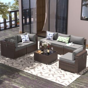 VONZOY Patio Furniture Set 7 Pieces Outdoor Sectional Rattan Sofa Set, PE Rattan Wicker Patio Conversation Set with 6 Seat Cushions and 1 Tempered Glass Table and Furniture Cover, Dark Grey