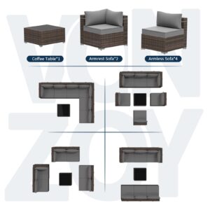 VONZOY Patio Furniture Set 7 Pieces Outdoor Sectional Rattan Sofa Set, PE Rattan Wicker Patio Conversation Set with 6 Seat Cushions and 1 Tempered Glass Table and Furniture Cover, Dark Grey