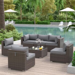 VONZOY Patio Furniture Set 7 Pieces Outdoor Sectional Rattan Sofa Set, PE Rattan Wicker Patio Conversation Set with 6 Seat Cushions and 1 Tempered Glass Table and Furniture Cover, Dark Grey