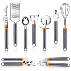 Kitchen Gadget Utensil Set, 9PCS Stainless Steel Cooking & Baking Accessory with Non-Slip Silicone Handle, Set Includes Knife, Peeler, Grater, Whisk, Garlic Press, Pizza Cutter and Bottle Can Opener