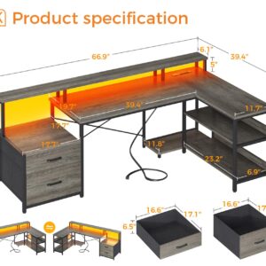 ODK L Shaped Desk with File Drawer, 66" Reversible L Shaped Computer Desk with Power Outlet & LED Strip, Office Desk with Storage Shelves, Gaming Desk with Monitor Shelf, Corner Desk, Grey Oak