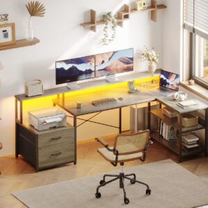 ODK L Shaped Desk with File Drawer, 66" Reversible L Shaped Computer Desk with Power Outlet & LED Strip, Office Desk with Storage Shelves, Gaming Desk with Monitor Shelf, Corner Desk, Grey Oak