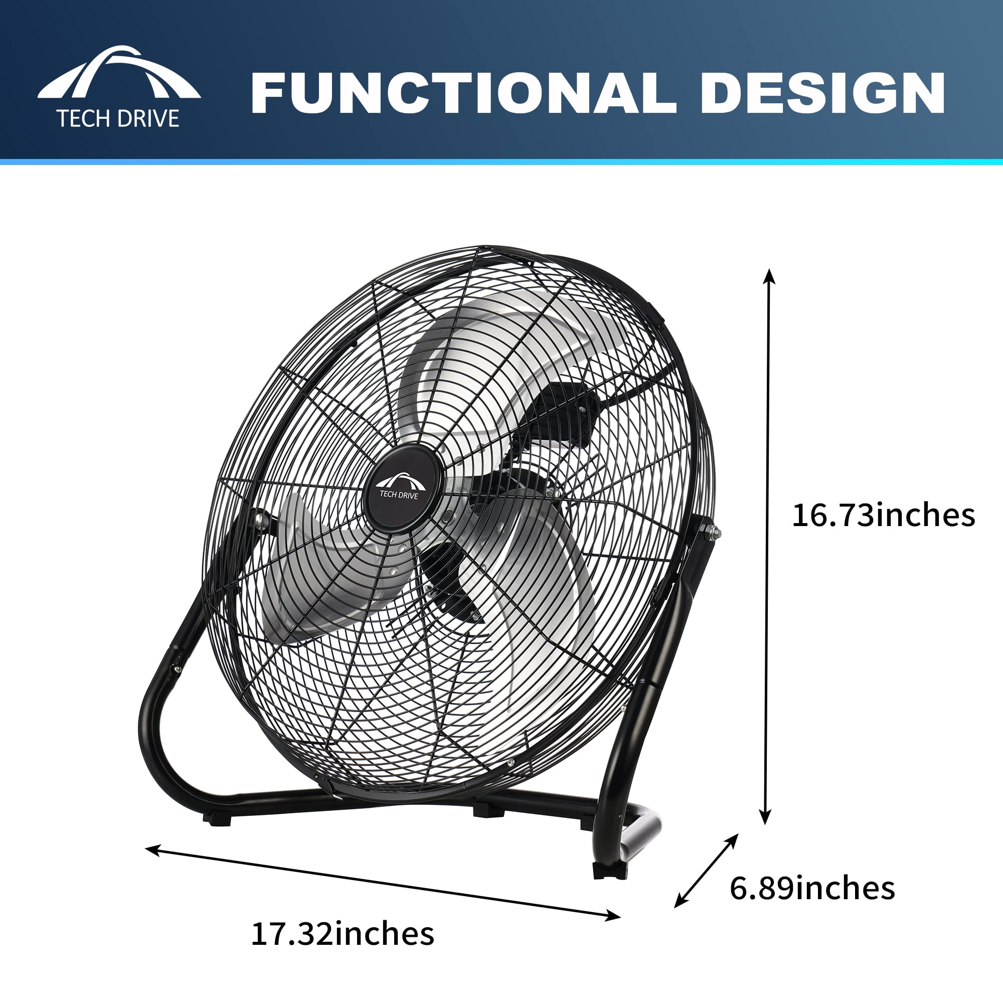 Tech Drive High Velocity Floor Fan,14 inch Heavy Duty Metal Industrial Fans,3 Powerful Speed,360° Adjustable Tilting and All Metal Construction,Black