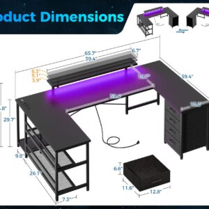 ODK U Shaped Desk with Power Outlets & LED Strip & Monitor Stand, 66" Reversible L Shaped Desk with Drawers and Storage Shelf, Home Office Gaming Desk, Black