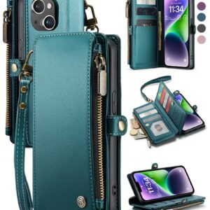 Defencase for iPhone 14 Plus Case, RFID Blocking for iPhone 14 Plus Wallet Case for Women and Men with Card Holder Zipper PU Leather Protective Cover for iPhone 14 Plus Phone Case, Blue Green