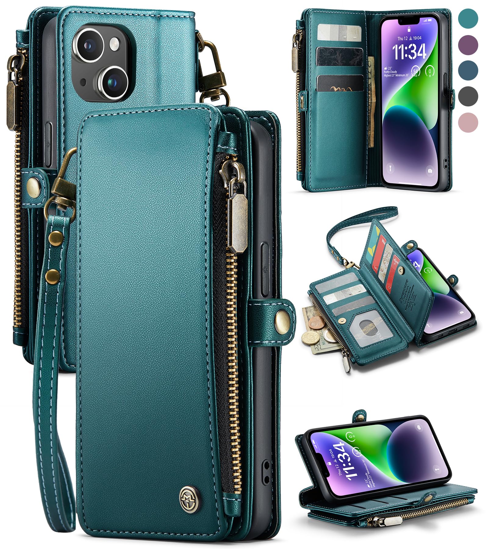 Defencase for iPhone 14 Plus Case, RFID Blocking for iPhone 14 Plus Wallet Case for Women and Men with Card Holder Zipper PU Leather Protective Cover for iPhone 14 Plus Phone Case, Blue Green