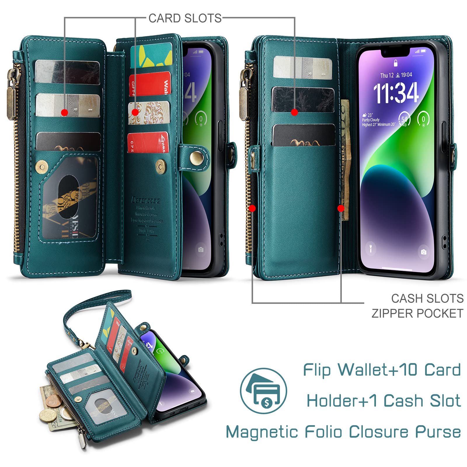 Defencase for iPhone 14 Plus Case, RFID Blocking for iPhone 14 Plus Wallet Case for Women and Men with Card Holder Zipper PU Leather Protective Cover for iPhone 14 Plus Phone Case, Blue Green