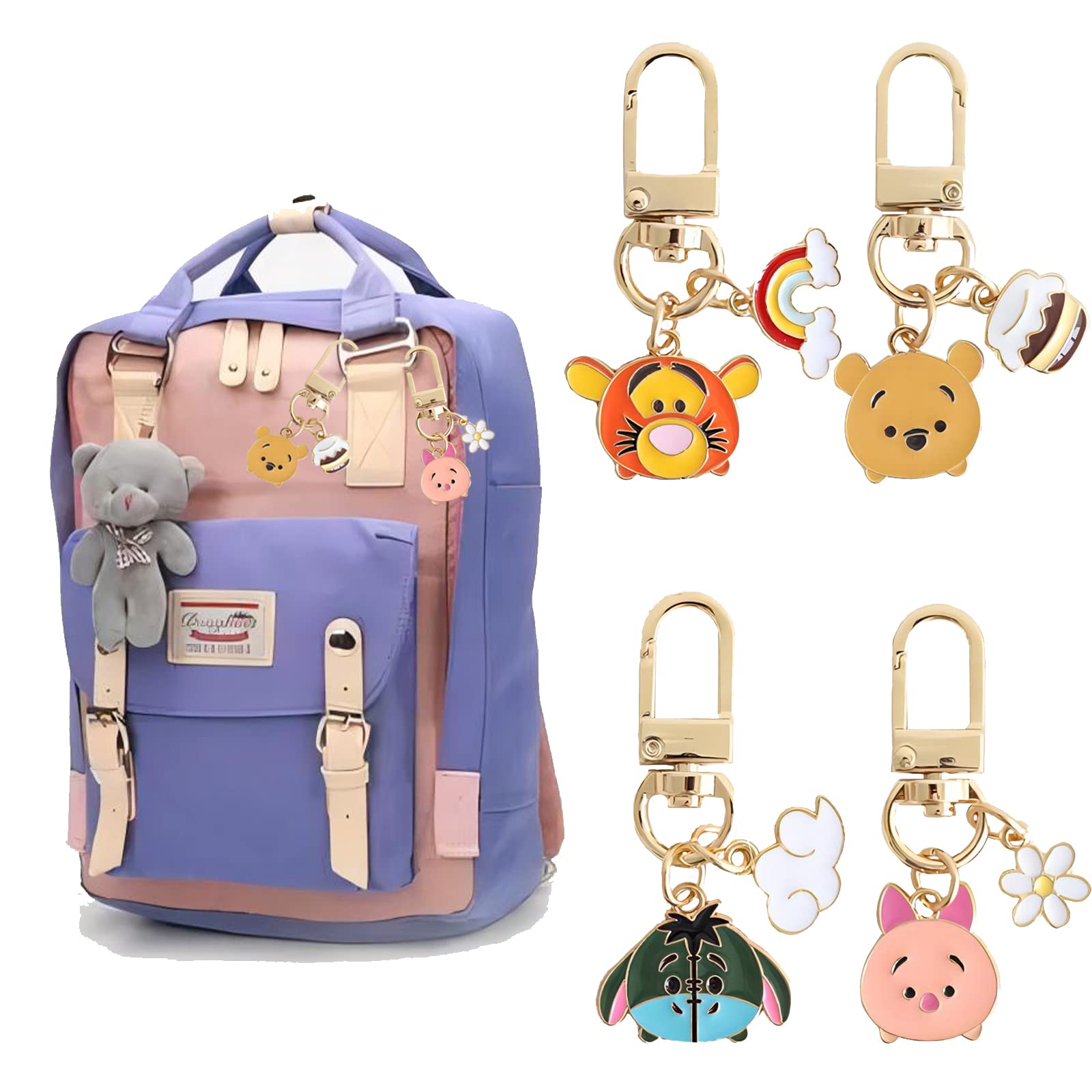 LuoHao Anime Cartoon Winne Pooh SpongBob Keychain 4 in 1 Set Keychain for Women Men