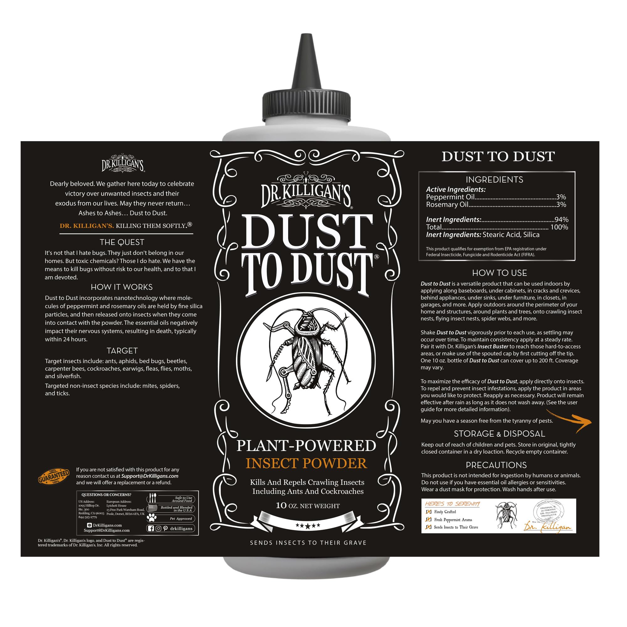 Dr. Killigan's Dust to Dust Insect Powder - Plant-Powered Diatomaceous Earth Alternative - Insect Killer for Indoor & Outdoor Use - Residual Formula Protects up to 6 Months (10 oz)