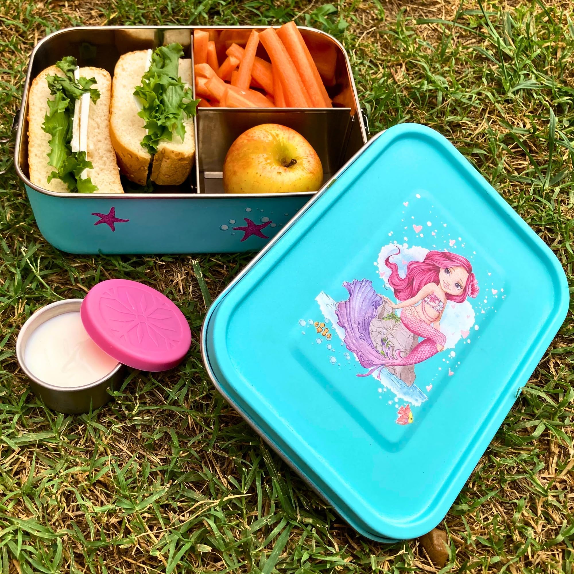 Integral Petal Stainless Steel Lunch Box for Kids with Matching Dip Container, Bento Box for Kids, 3-Compartment Metal Lunch Container, School Lunch box, Snack Container for Kids, Dishwasher Safe