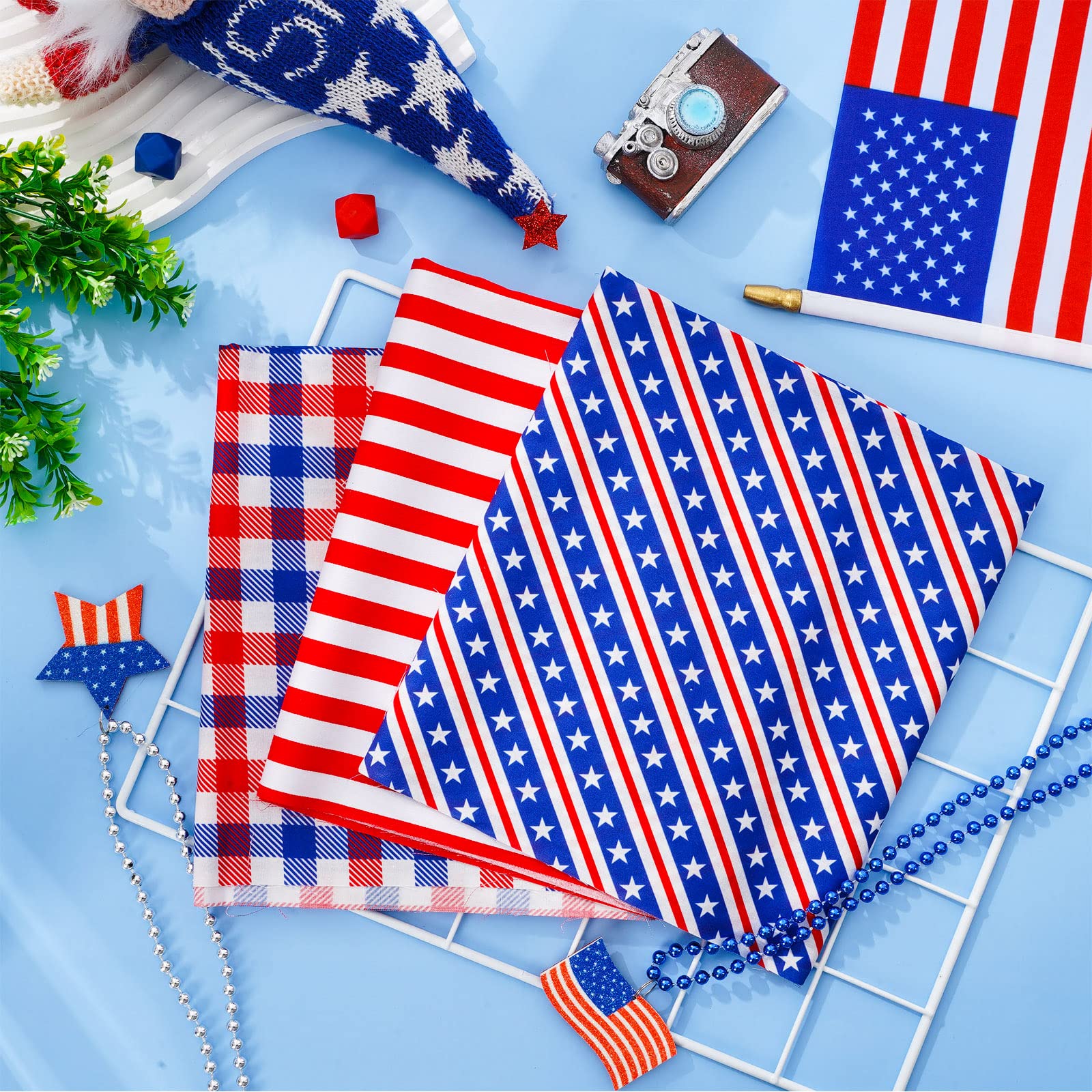 Whaline 8Pcs Patriotic Cotton Fabric Bundles 18 x 22 Inch Red Blue White Star Stripe Fat Quarters 4th of July Quilting Patchwork Squares Sewing Fabrics for DIY Handmade Crafting Home Party Decor