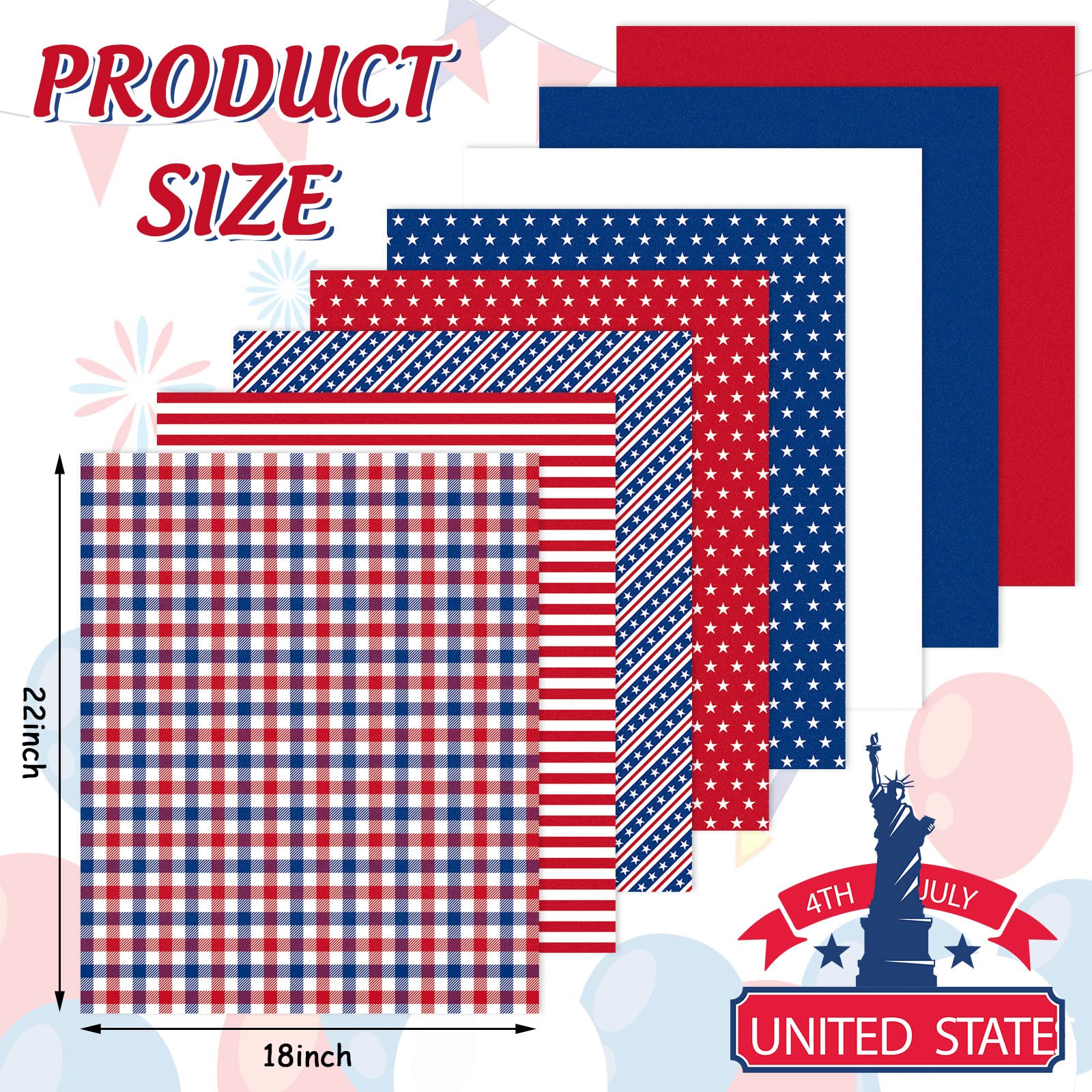 Whaline 8Pcs Patriotic Cotton Fabric Bundles 18 x 22 Inch Red Blue White Star Stripe Fat Quarters 4th of July Quilting Patchwork Squares Sewing Fabrics for DIY Handmade Crafting Home Party Decor