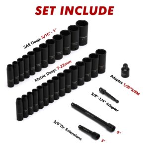 CASOMAN 3/8-Inch Deep Impact Socket Set, Metric & SAE, 31Piece Socket Set, CR-V, Includes Extension Bar (3, 6-inch) & Adapters, Heavy Duty Storage Case