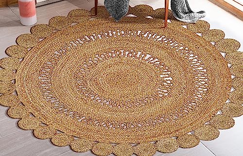 Bedding Craft Hand woven Farmhouse Jute Area Rug 6 Ft Round Natural Yarn, Rustic Vintage Beige Braided Reversible Rug, Eco Friendly Rugs for Bedroom, Kitchen, Living Room, Farmhouse 100% Jute Rug