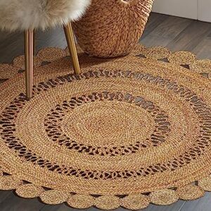 Bedding Craft Hand woven Farmhouse Jute Area Rug 6 Ft Round Natural Yarn, Rustic Vintage Beige Braided Reversible Rug, Eco Friendly Rugs for Bedroom, Kitchen, Living Room, Farmhouse 100% Jute Rug