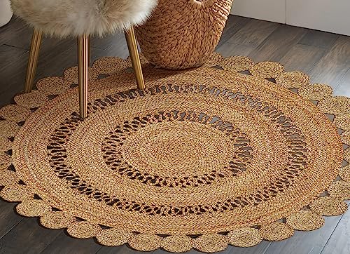 Bedding Craft Hand woven Farmhouse Jute Area Rug 6 Ft Round Natural Yarn, Rustic Vintage Beige Braided Reversible Rug, Eco Friendly Rugs for Bedroom, Kitchen, Living Room, Farmhouse 100% Jute Rug