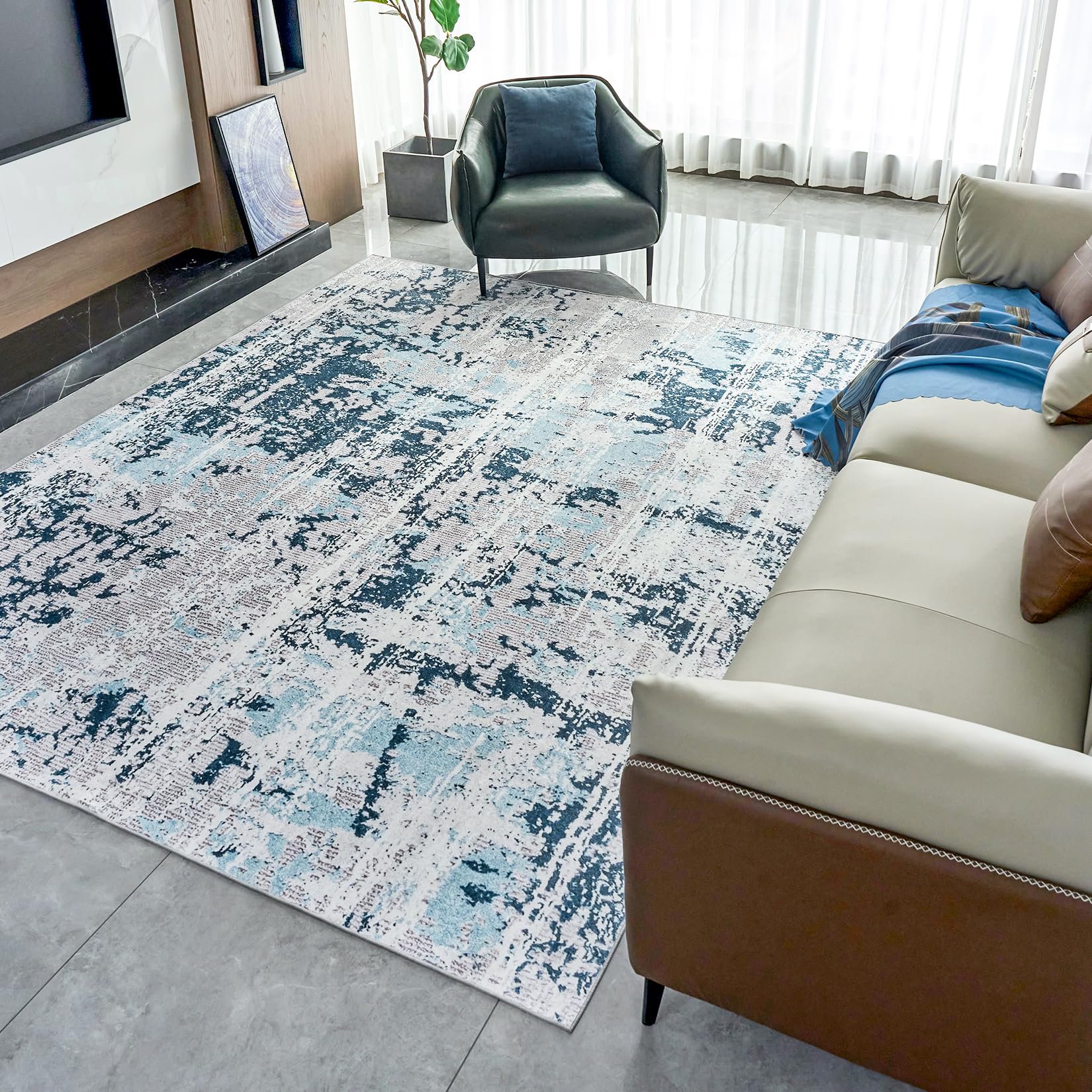 INGEROOM Abstract Blue Area Rug, Machine Washable, Non-Slip Backing, 5x7 Feet, Modern Rug for Living Rooms, Bedrooms and Dining Rooms