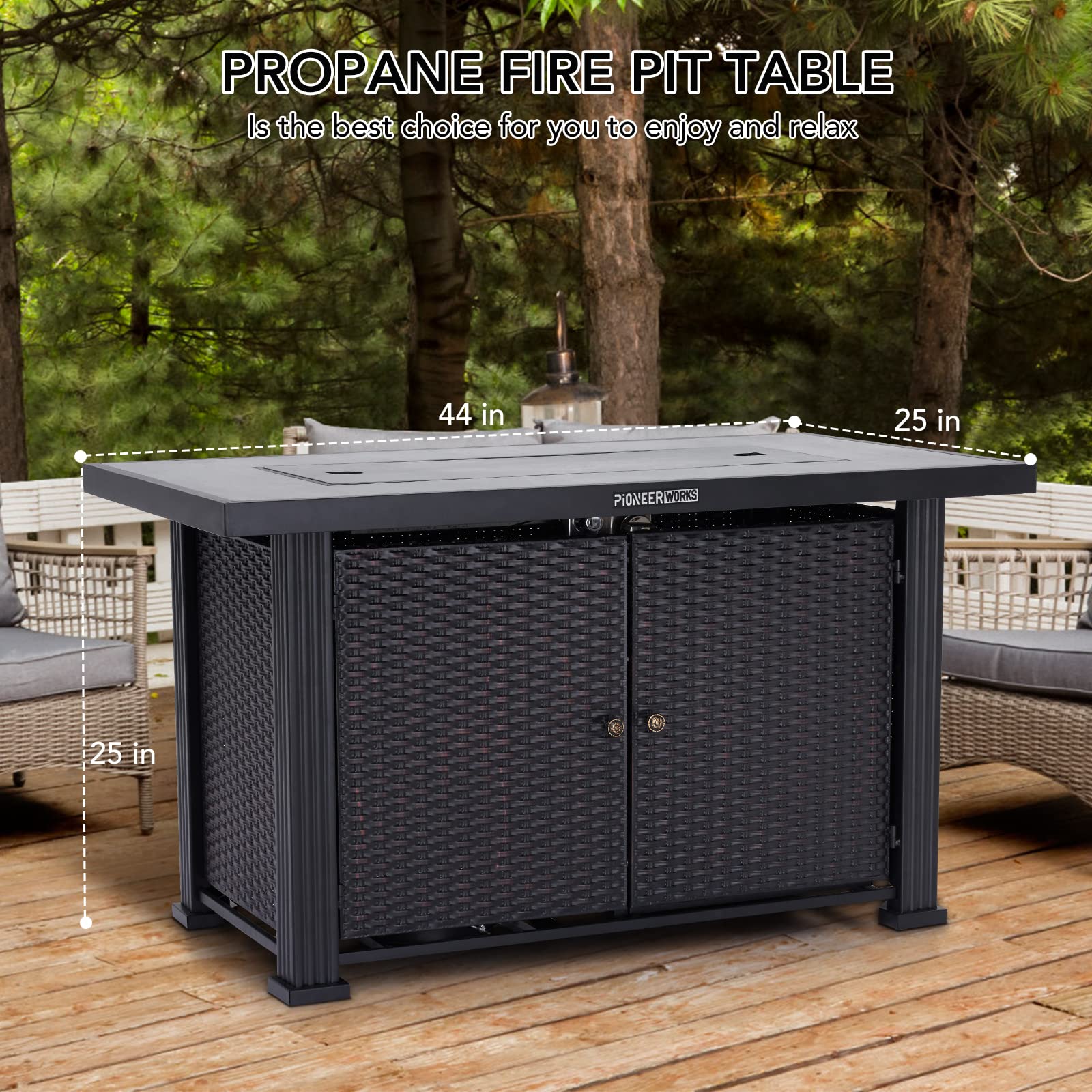 44 Inch Propane Fire Pit Table, PioneerWorks 50000BTU Rectangle Fire Table with Cover & Rain Cover, Sturdy Steel and Iron Fence Surface, CSA Safety Certified, Companion for Your Garden (Double Door)