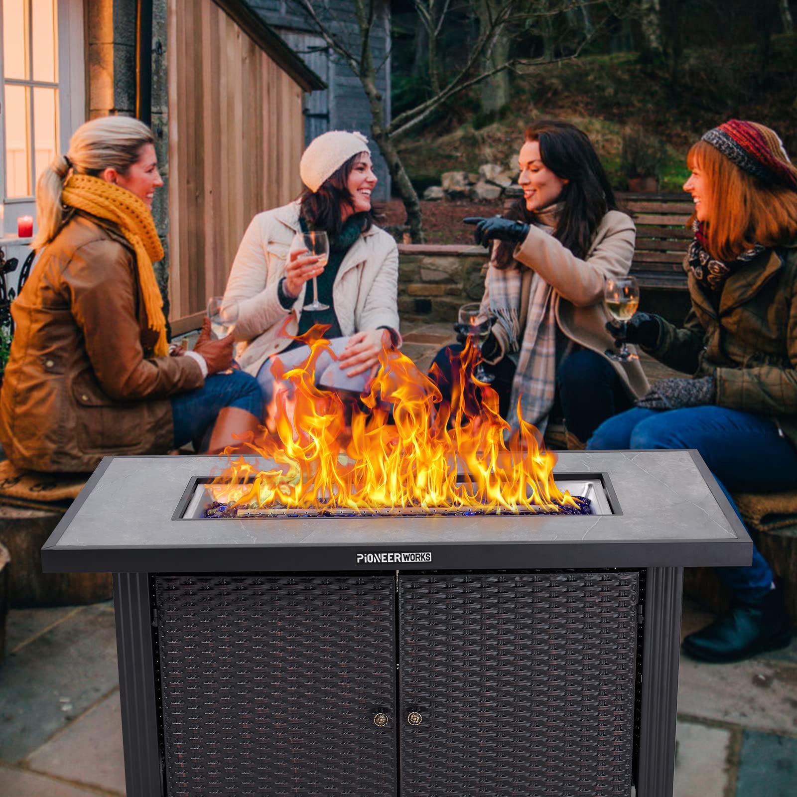 44 Inch Propane Fire Pit Table, PioneerWorks 50000BTU Rectangle Fire Table with Cover & Rain Cover, Sturdy Steel and Iron Fence Surface, CSA Safety Certified, Companion for Your Garden (Double Door)