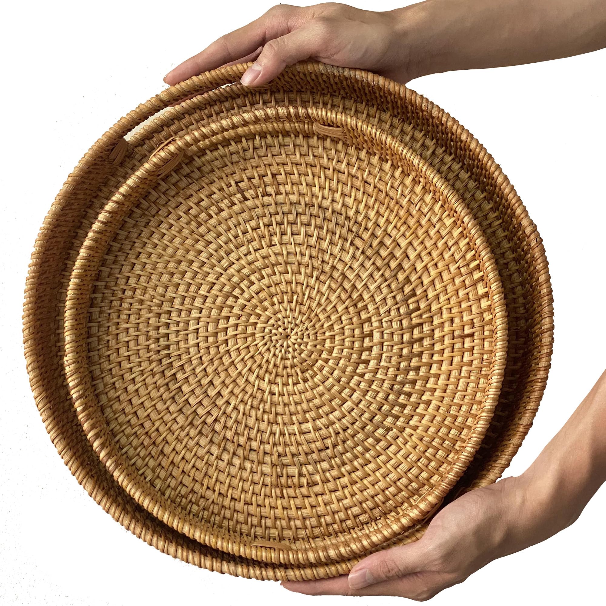 HORPRES Rattan Round Serving Tray, Wicker Fruit/Bread Serving Basket, Hand Woven Serving Basket with Cut - Out Handles, (Natural Color: 11.8 + 13.8 inch)