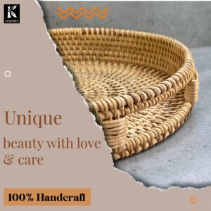 HORPRES Rattan Round Serving Tray, Wicker Fruit/Bread Serving Basket, Hand Woven Serving Basket with Cut - Out Handles, (Natural Color: 11.8 + 13.8 inch)