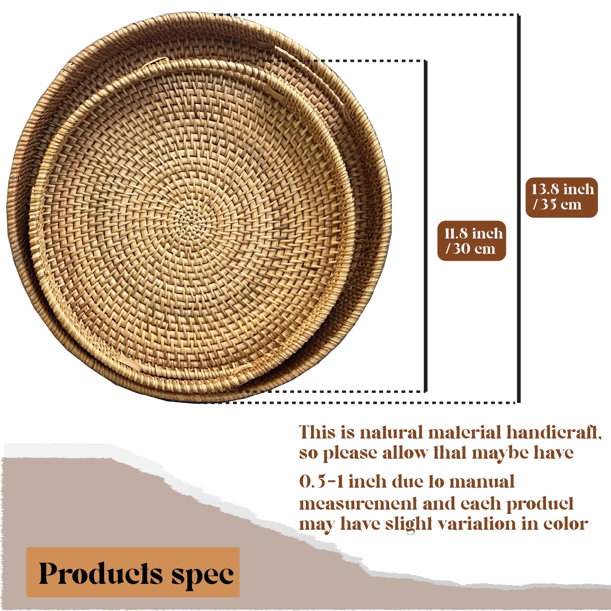 HORPRES Rattan Round Serving Tray, Wicker Fruit/Bread Serving Basket, Hand Woven Serving Basket with Cut - Out Handles, (Natural Color: 11.8 + 13.8 inch)