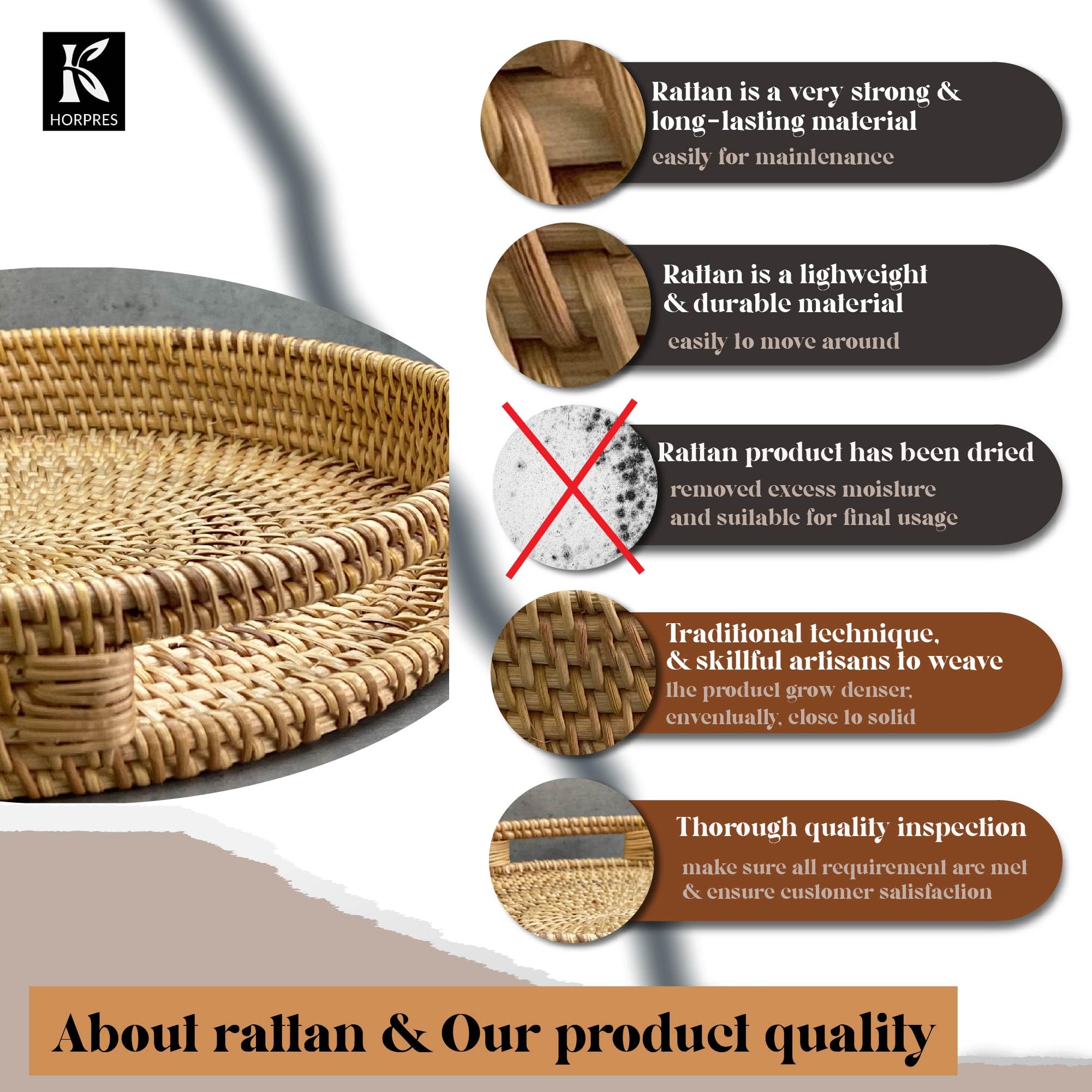 HORPRES Rattan Round Serving Tray, Wicker Fruit/Bread Serving Basket, Hand Woven Serving Basket with Cut - Out Handles, (Natural Color: 11.8 + 13.8 inch)