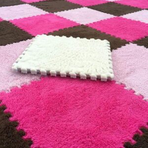 LKXHarleya 16pcs Interlocking Foam Mats, Fluffy Carpet Tiles Plush Area Rug Interlocking Floor Tiles Soft Floor Mats, Pink