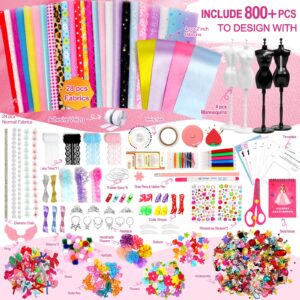 Axirata 800+PCS Fashion Designer Kit for Girls Creativity DIY Arts & Crafts Kit for Kids with Fashion Design Sketchbook, 4 Mannequins, Sewing Kit for Teen Girls Birthday Gift Age 6 7 8 9 10 11 12+