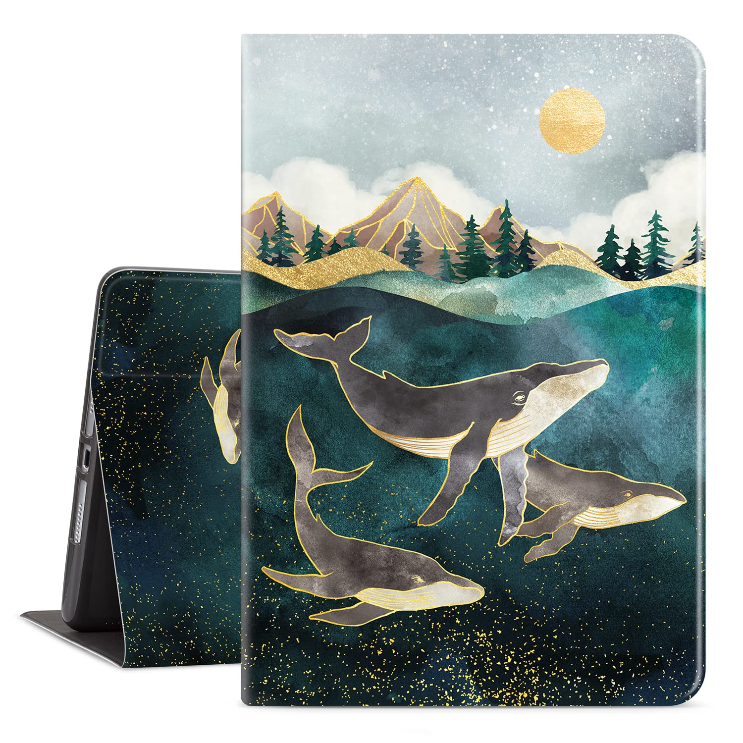 iPad 9Th Generation Case,iPad Case 9Th Generation,iPad 7Th Generation Case,iPad 8Th Generation Case 10.2 Multi-Angle Viewing Adjustable Stand Auto Wake/Sleep Whales Swimming in The Deep Sea Mountain