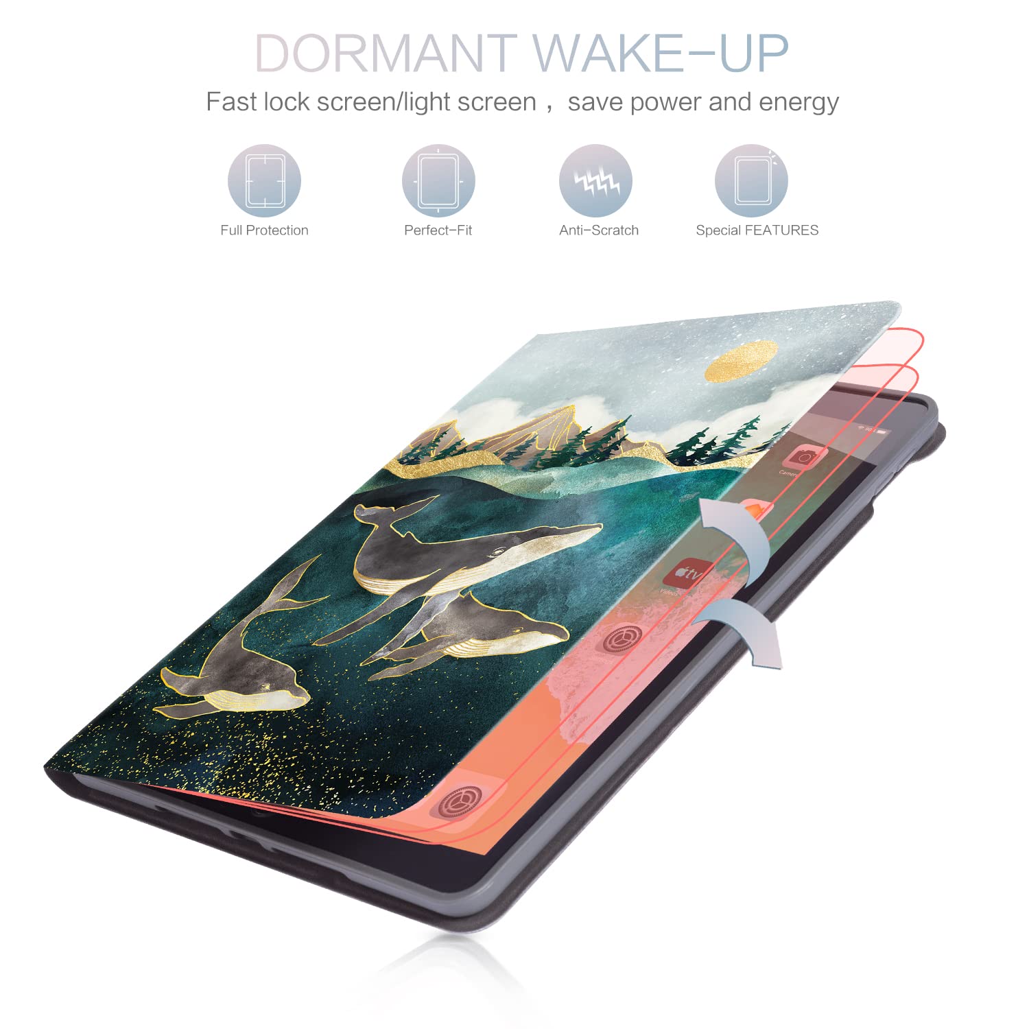 iPad 9Th Generation Case,iPad Case 9Th Generation,iPad 7Th Generation Case,iPad 8Th Generation Case 10.2 Multi-Angle Viewing Adjustable Stand Auto Wake/Sleep Whales Swimming in The Deep Sea Mountain