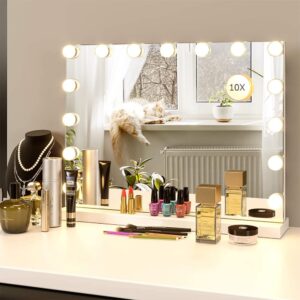 lilyhome vanity/makeup mirror with lights,10x magnification,large hollywood lighted vanity mirror with 15 dimmable led bulbs,3 color modes,touch control for bedroom,tabletop or wall-mounted