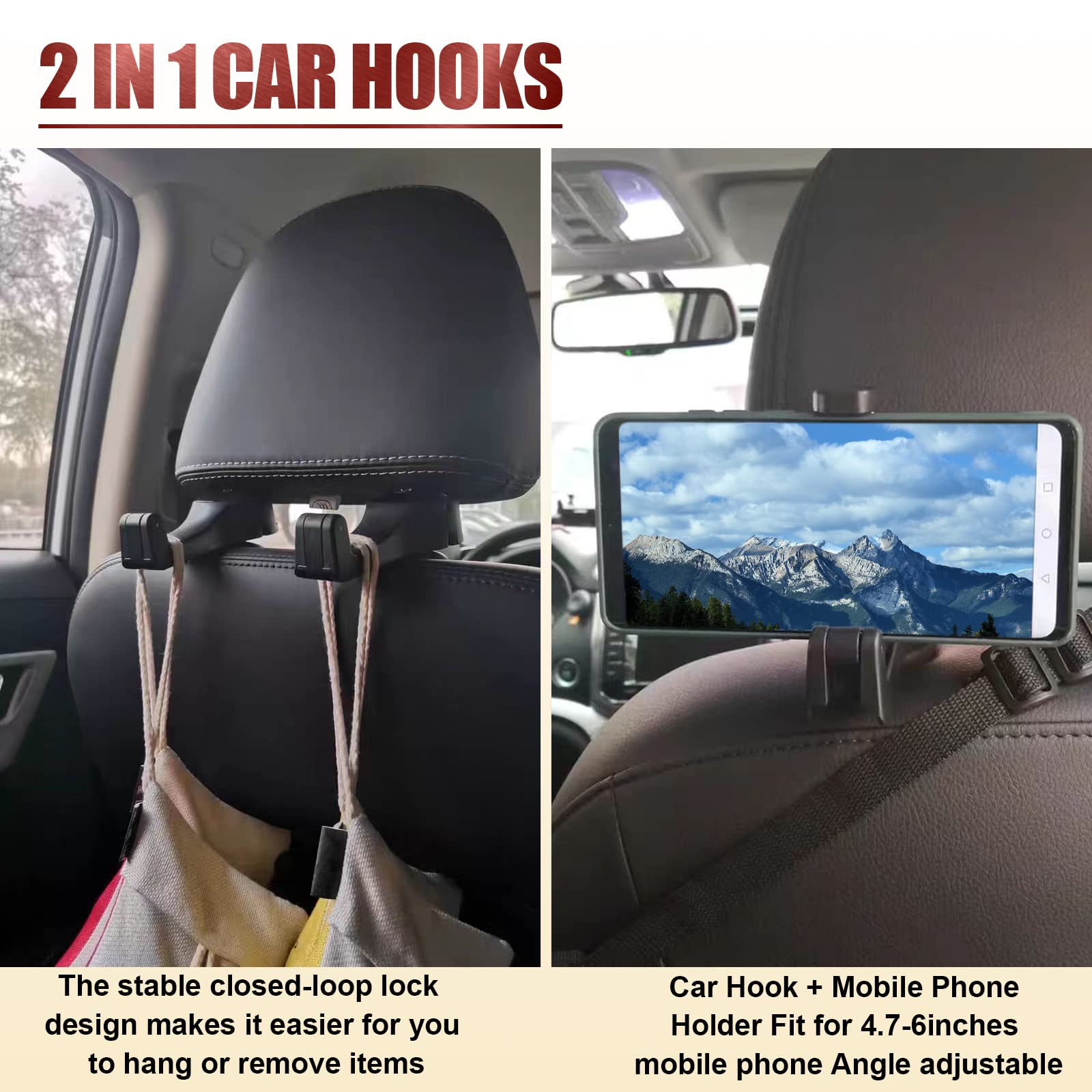 2 In 1 Car Seat Hooks for Purses and Bags with Phone Holder, 360 Degrees Rotation Headrest Hooks, Car Headrest Hidden Hook, Universal Car Headrest Storage Organizer Hanger Hook, Red