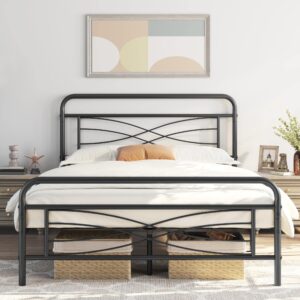 yaheetech queen bed frames metal platform bed mattress foundation with criss-cross design headboard, ample underbed storage space, heavy duty slat support, no box spring needed, queen size black