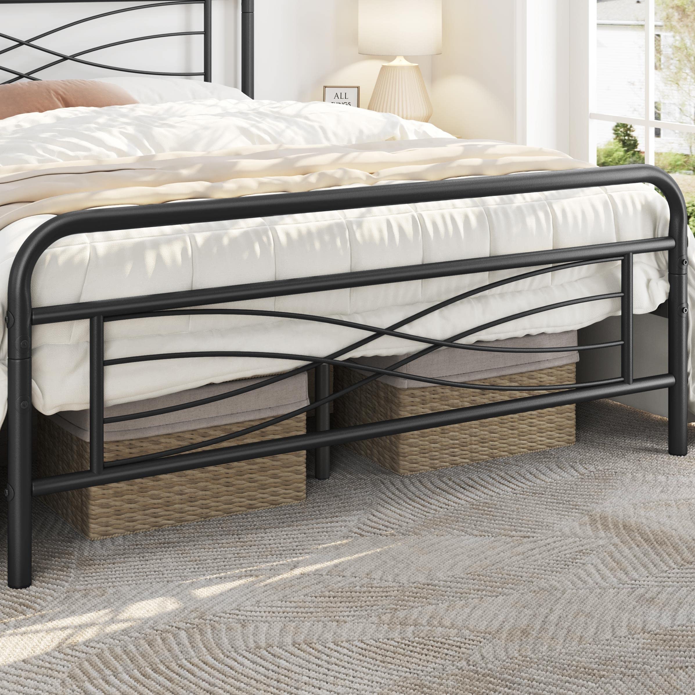 Yaheetech Queen Bed Frames Metal Platform Bed Mattress Foundation with Criss-Cross Design Headboard, Ample Underbed Storage Space, Heavy Duty Slat Support, No Box Spring Needed, Queen Size Black