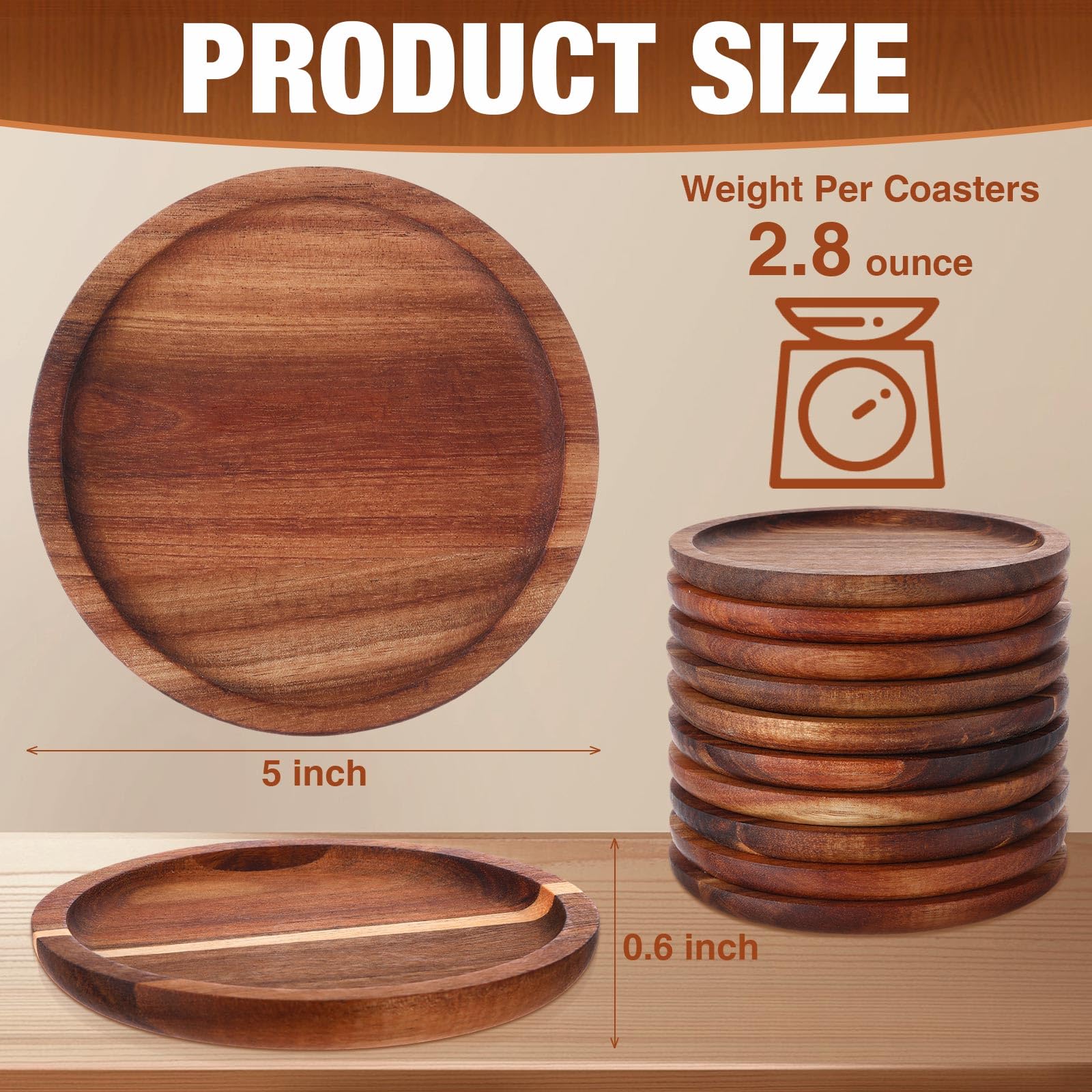 Gejoy 20 Pcs Wooden Coasters for Drinks 5 Inch Natural Acacia Wood Coaster Set Stackable Round Coasters Bulk for Coffee Tabletop Protection for Any Kind of Cups Housewarming Gifts Home Bar Table Decor