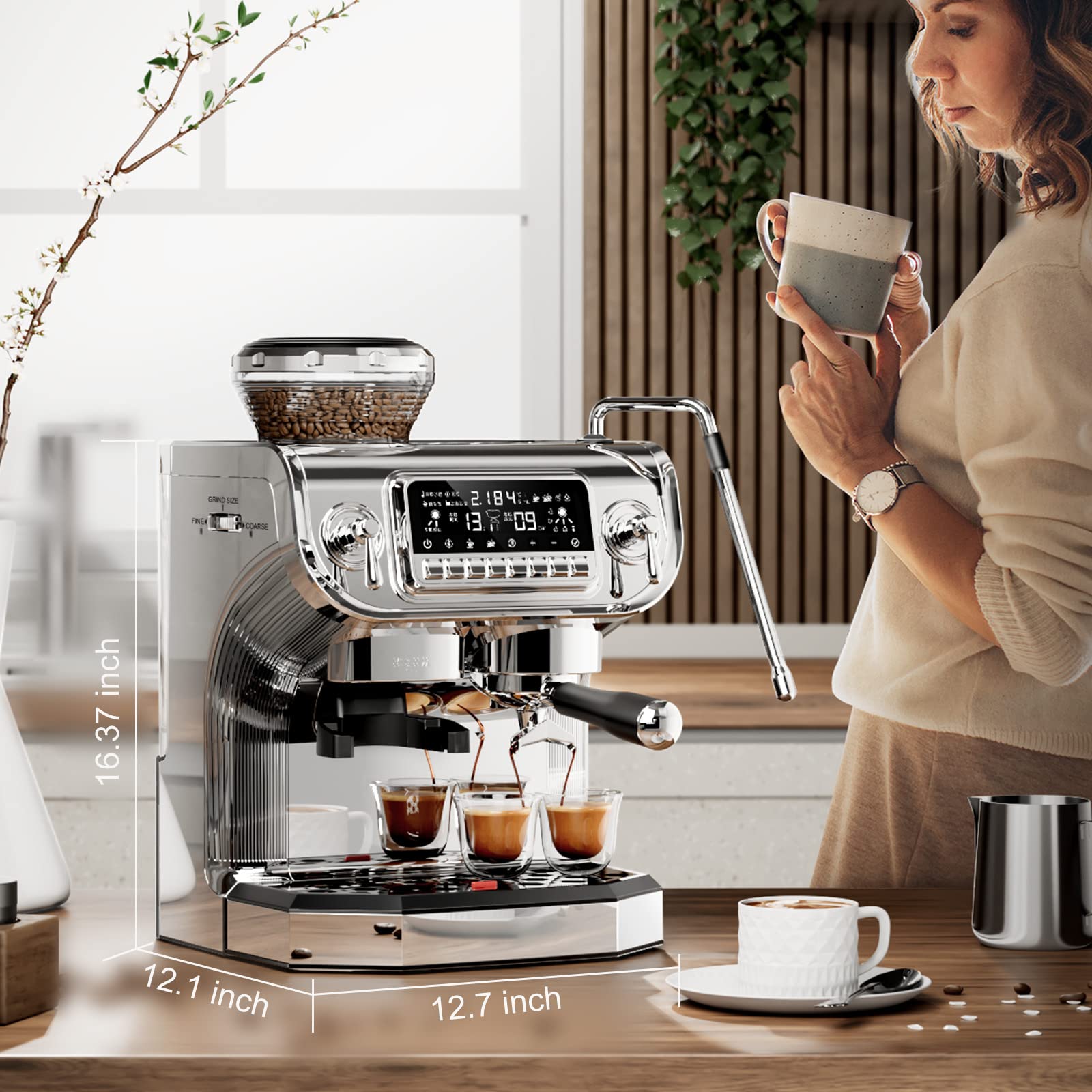 Mcilpoog TC530 Espresso Machine with Milk Frother，Semi Automatic Coffee Machine with Grinder,Easy To Use Espresso Coffee Maker with 5.5 inch Large Screen,15 Bar Pressure Pump,PID Temperature Control.