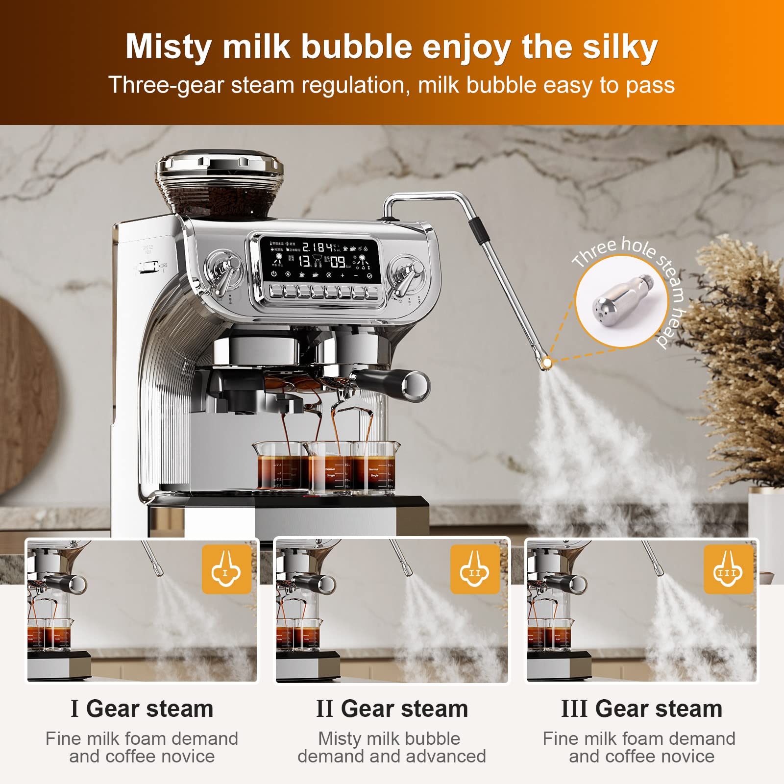 Mcilpoog TC530 Espresso Machine with Milk Frother，Semi Automatic Coffee Machine with Grinder,Easy To Use Espresso Coffee Maker with 5.5 inch Large Screen,15 Bar Pressure Pump,PID Temperature Control.