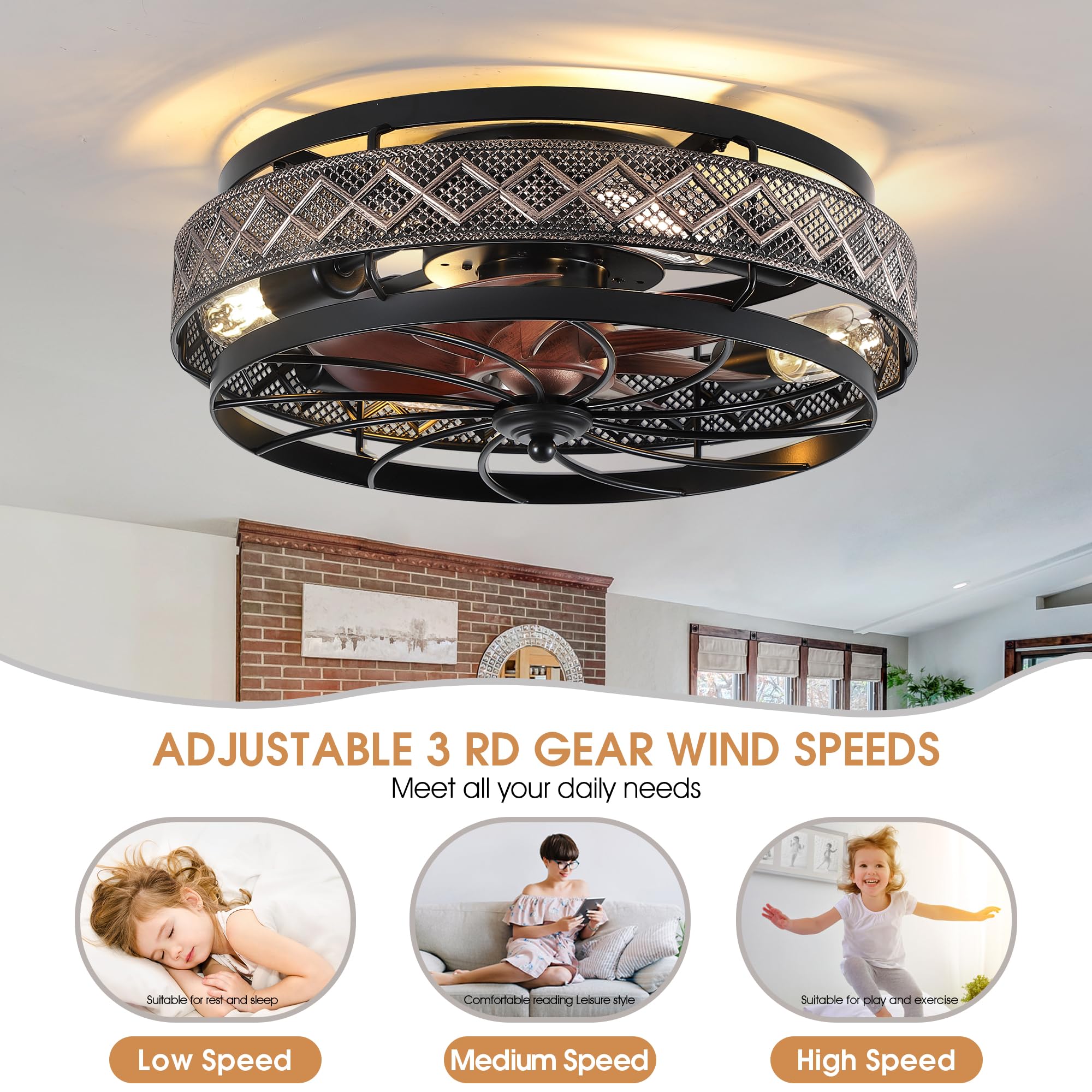 SHIHOT Low Profile Caged Ceiling Fans with Lights and Remote, Flush Mount Ceiling Fan with Light, Bedroom Fan, Small Industrial Black Ceiling Light Fixture, Reversible(Bulbs not Included)