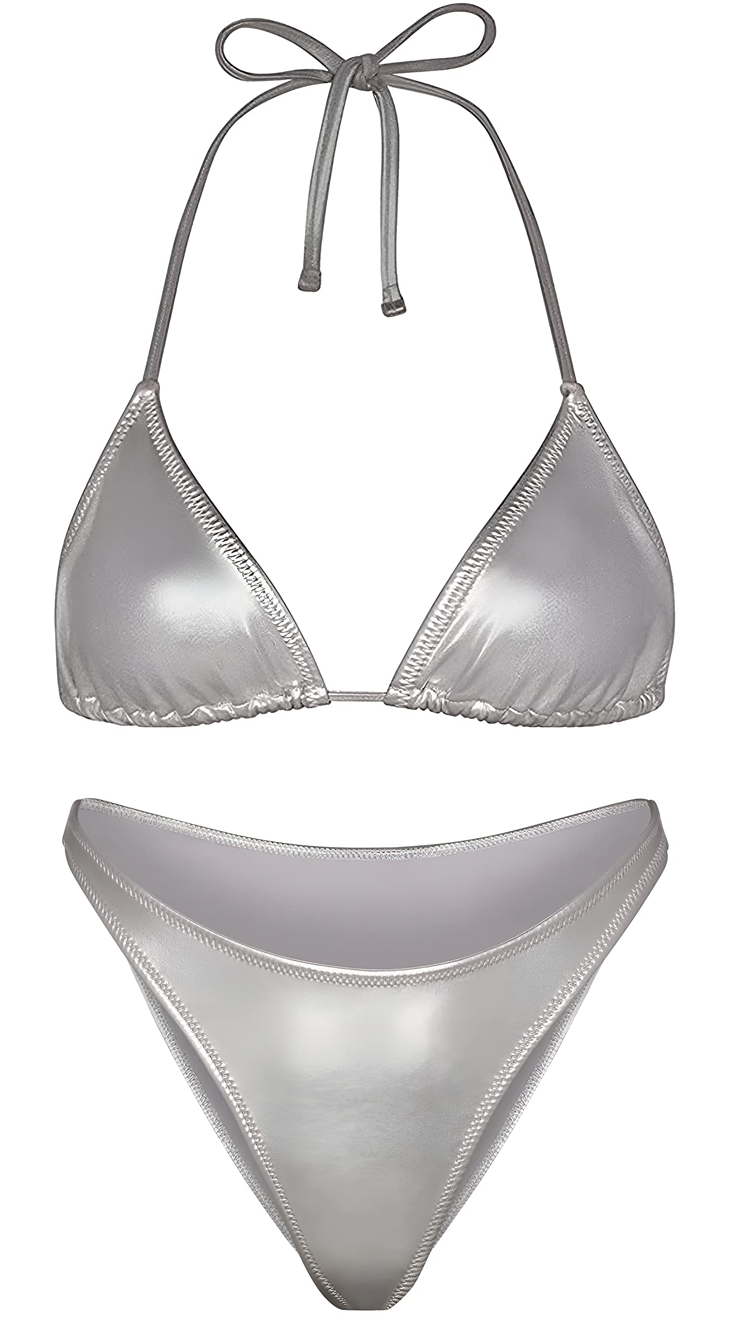 Women Metallic Bikini Swim Sexy Silver Swimsuit Triangle Top and Bottom Set(051,Silver,L)