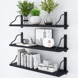 inforth wall shelves, wood wall mounted shelves for wall storage, floating shelves for wall display with metal bracket, hanging shelves for bedroom kitchen living room (black, 17 inches)